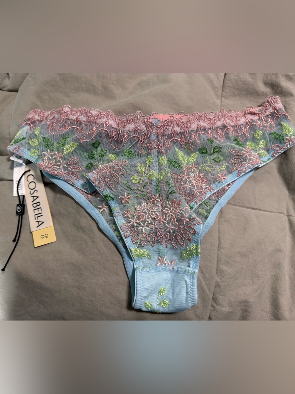 Cosabella Sky Blue Lace Thong with Pink Trim and Green Embroidery